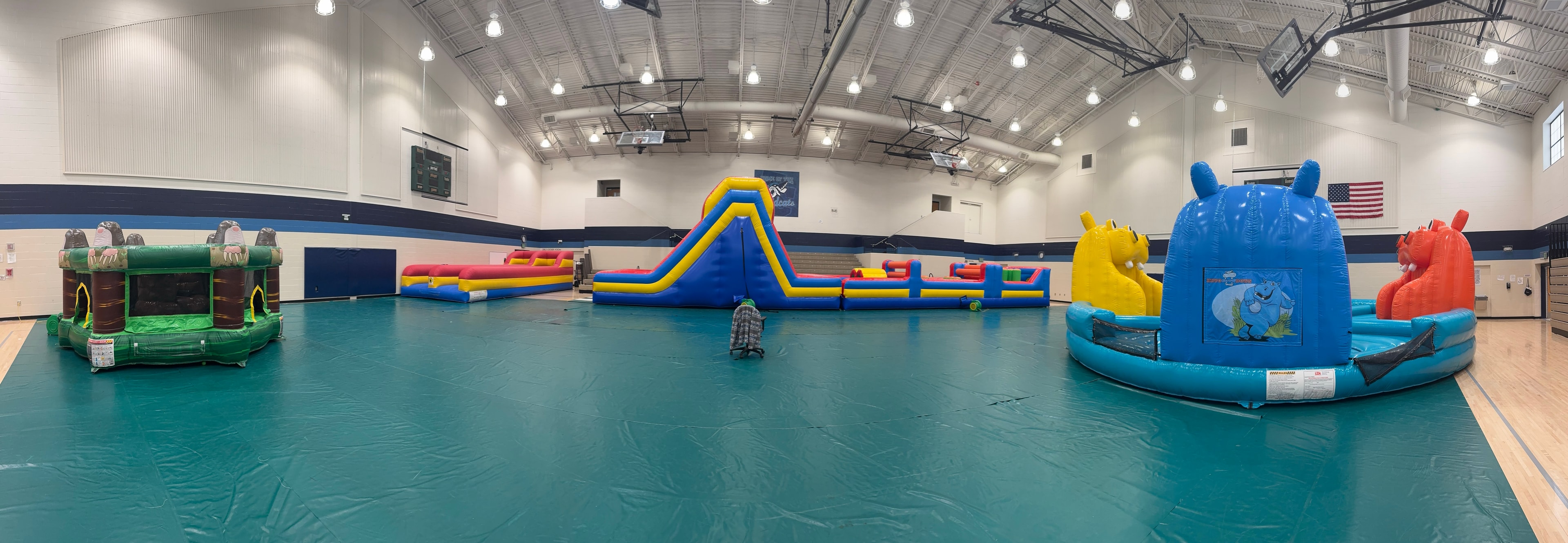 Full inflatable setup in a gymnasium
