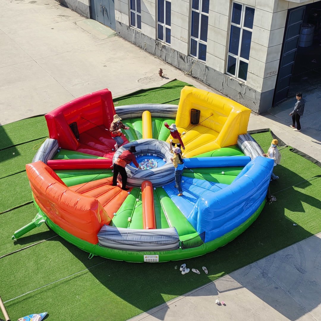 Aerial view of the Hungry Hippos inflatable arena with players
